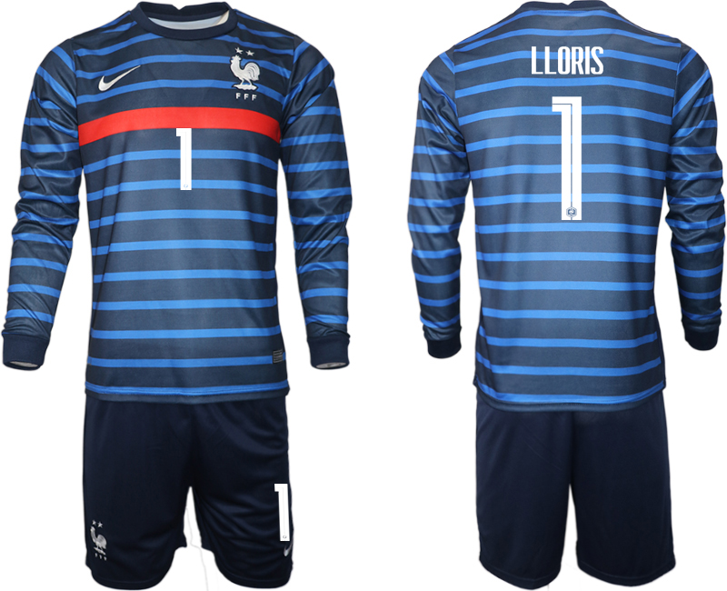 Men 2021 European Cup France home blue Long sleeve #1 Soccer Jersey
